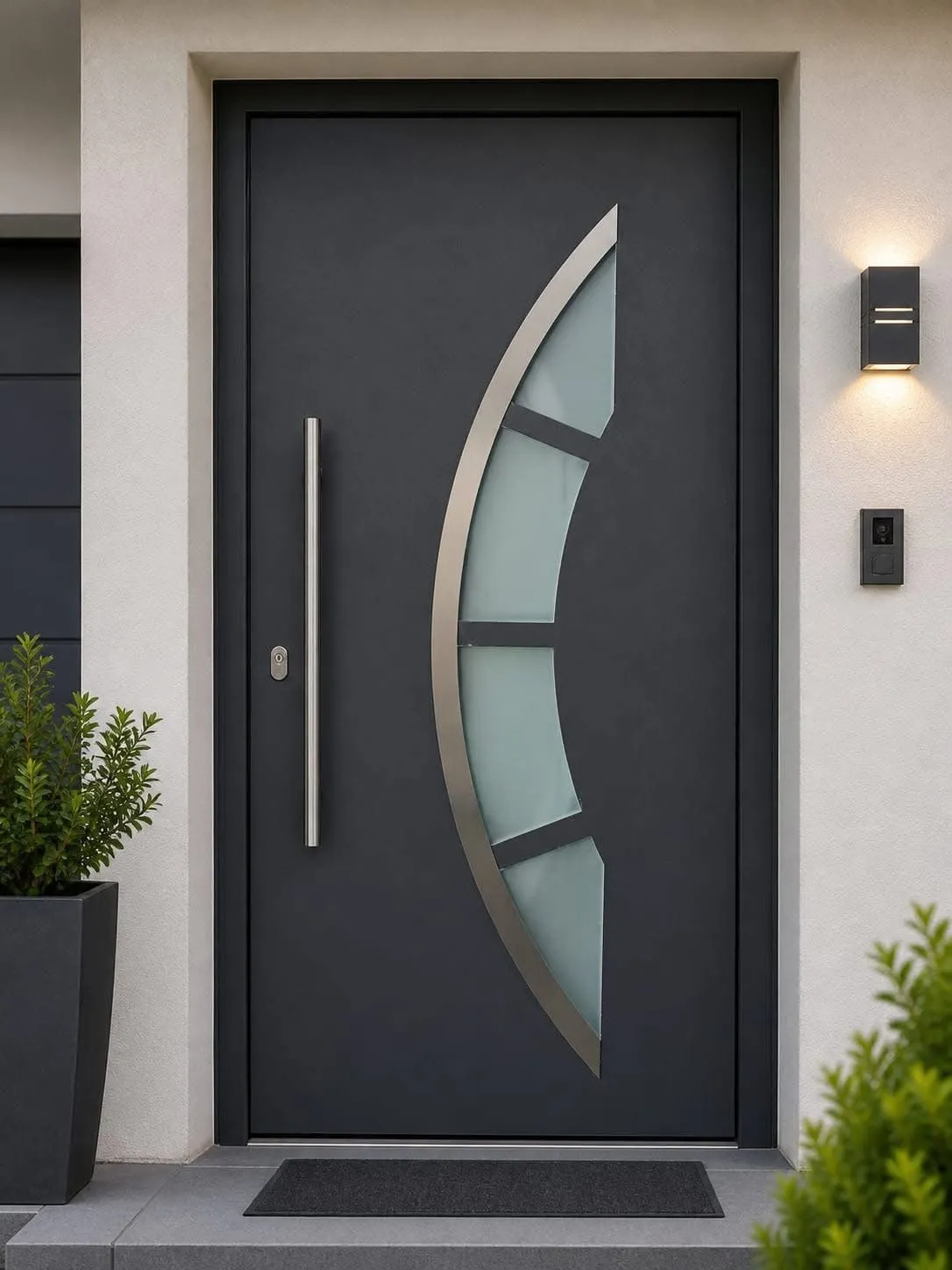 Porta d'ingresso antracite con inserto curvo in vetro satinato