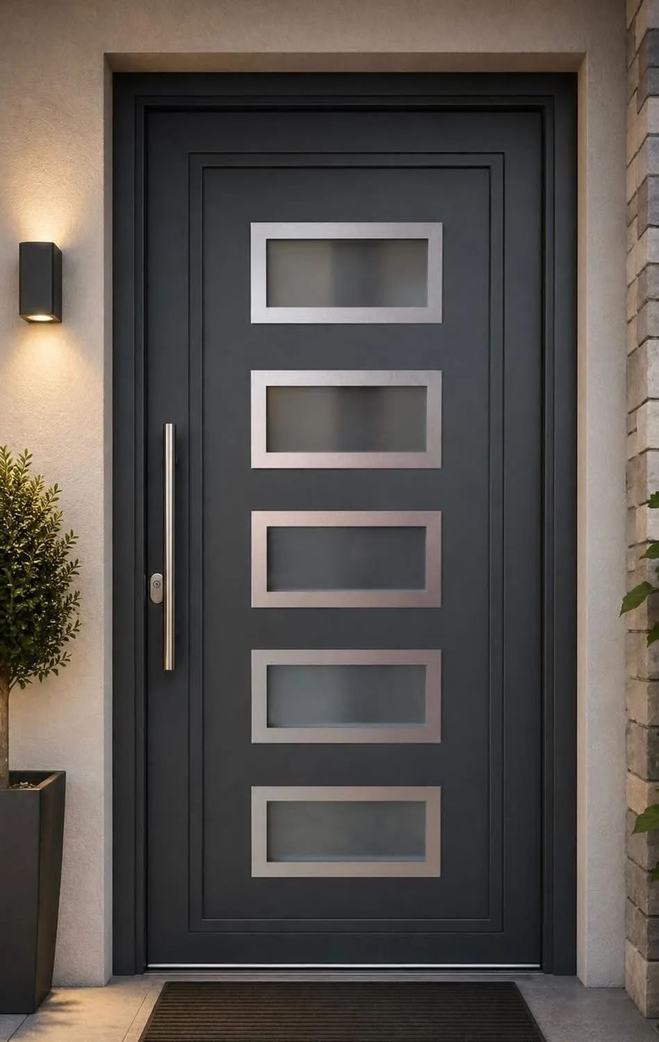 Porta d'ingresso antracite con cinque inserti in vetro satinato