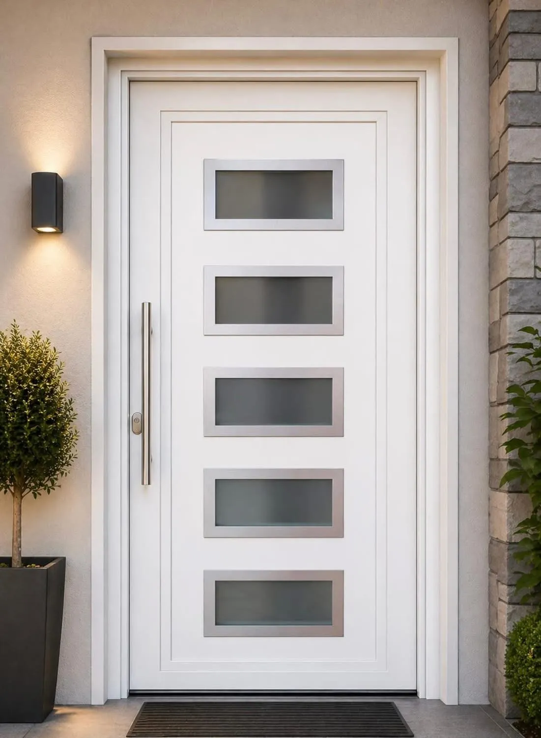 Porta d'ingresso bianca con cinque inserti in vetro satinato
