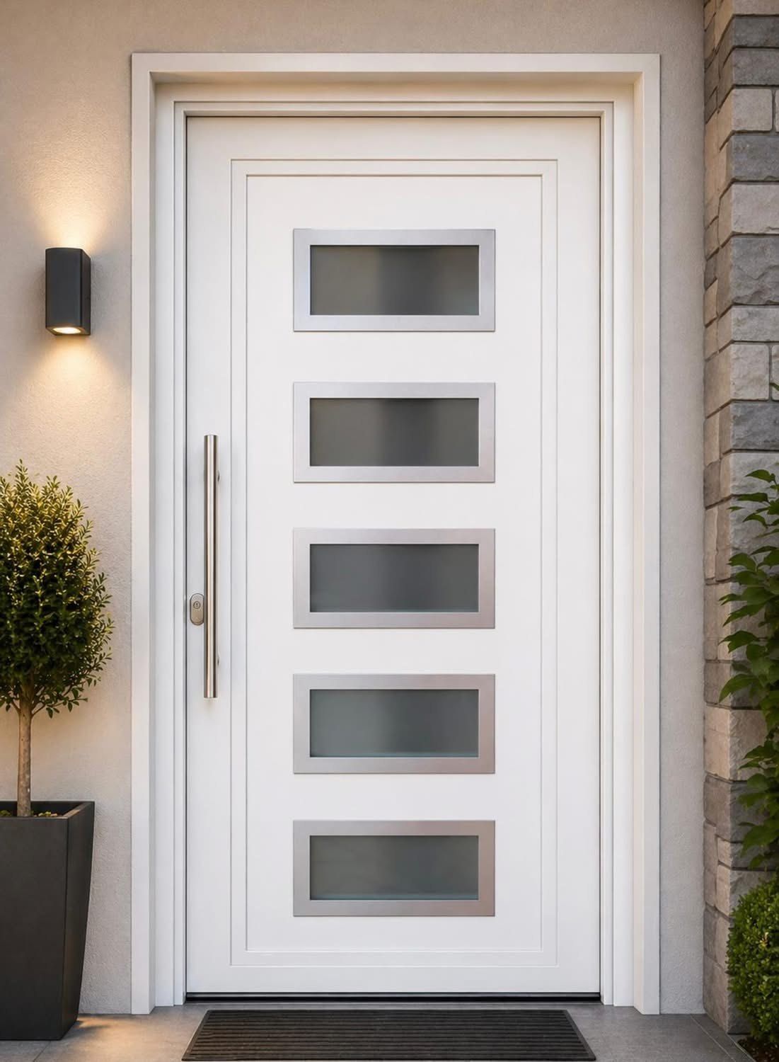 Porta d'ingresso bianca con cinque inserti in vetro satinato