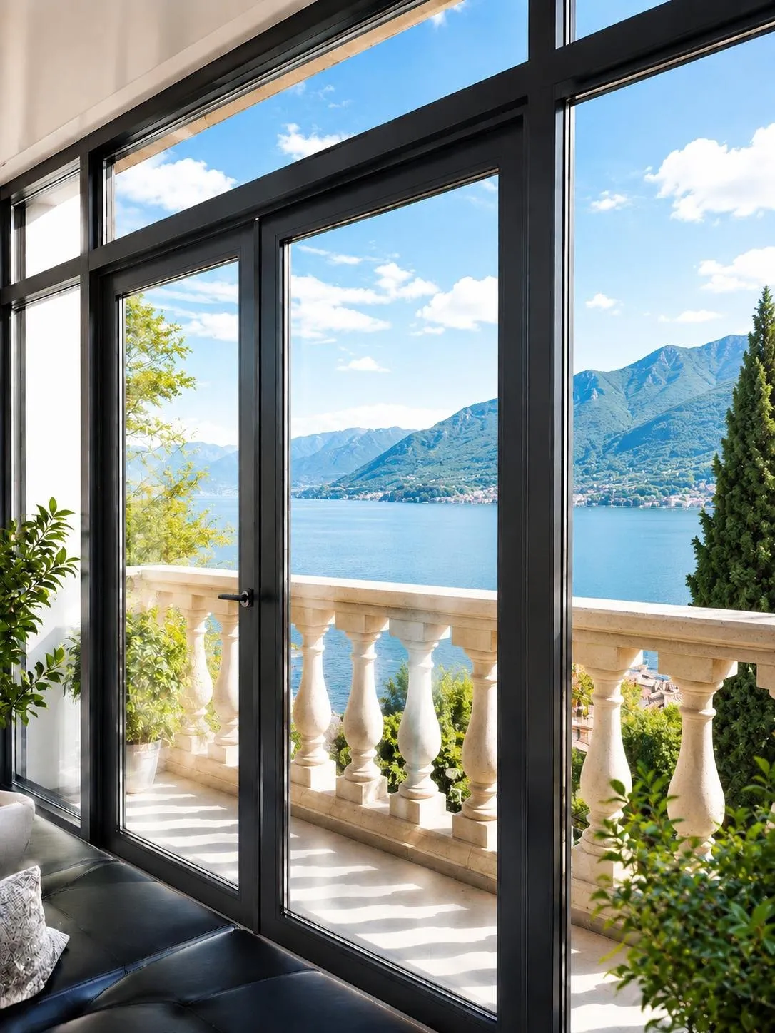 Portafinestra con profili neri su una terrazza vista lago